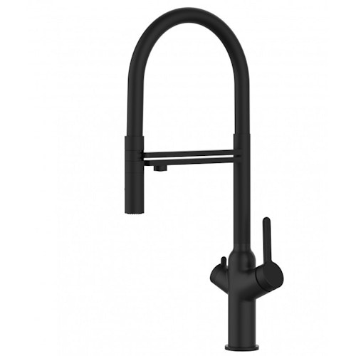 3 Wege Wasserhahn Küchenarmatur, BOD, mit 360° schwenkbarem Auslauf, abnehmbare 2 strahl Handbrause, Schwarz Matt / Schwarz