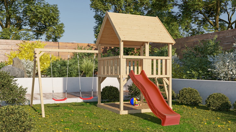 Akubi Kinderspielturm Luis inkl. Wellenrutsche und Doppelschaukelanbau (Set B)