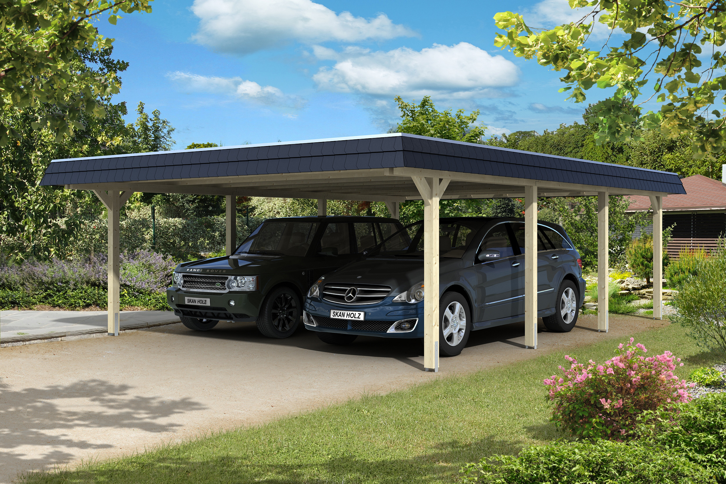 Skan Holz Walmdach Carport 630cm farblich unbehandelt Holzcarport