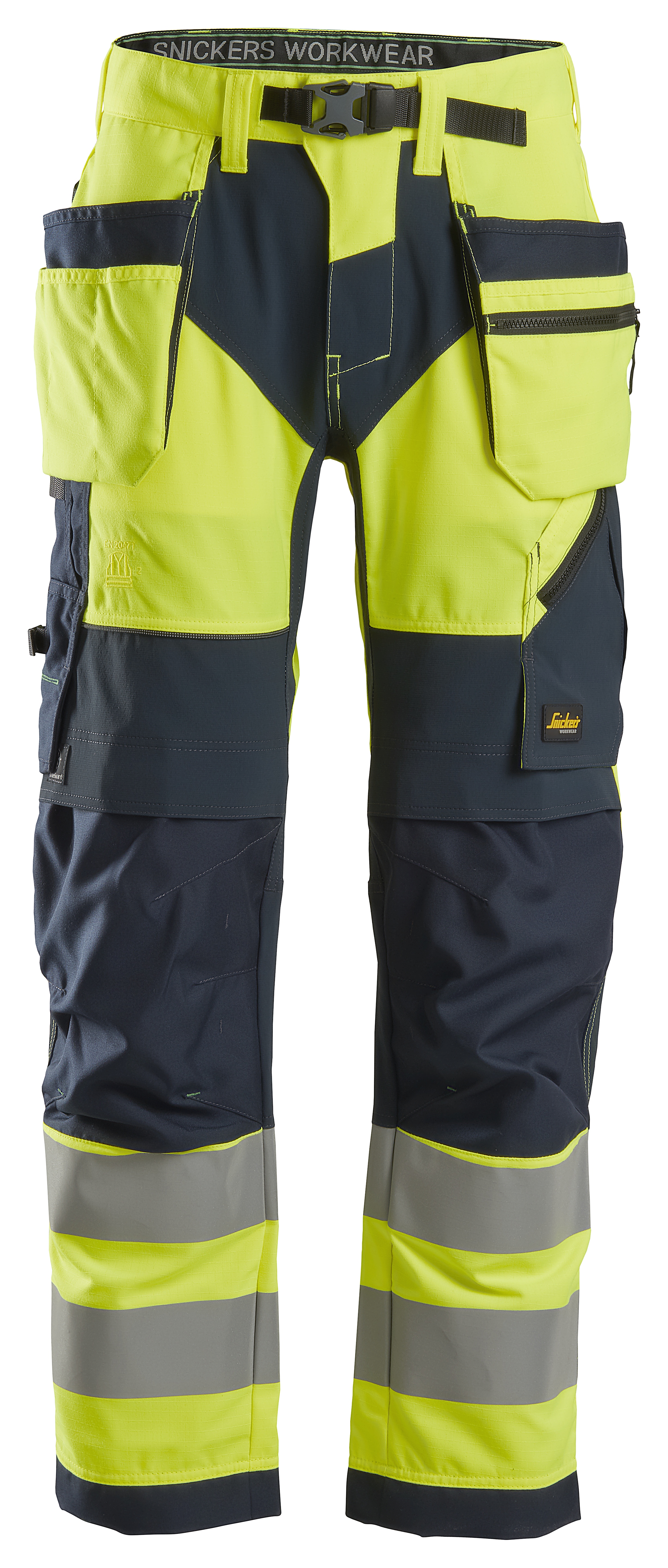 Snickers FlexiWork Hi-Vis Arbeitshose mit Holstertaschen, Klasse 2, EN 14404, 20471 62 signalgelb-navy