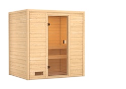 Karibu Woodfeeling Sauna Selena - 38 mm Bronzierte Ganzglastür Ohne Dachkranz Ohne Ofen inkl. 10-teiligem gratis Saunaset im Wert von 232,94 €