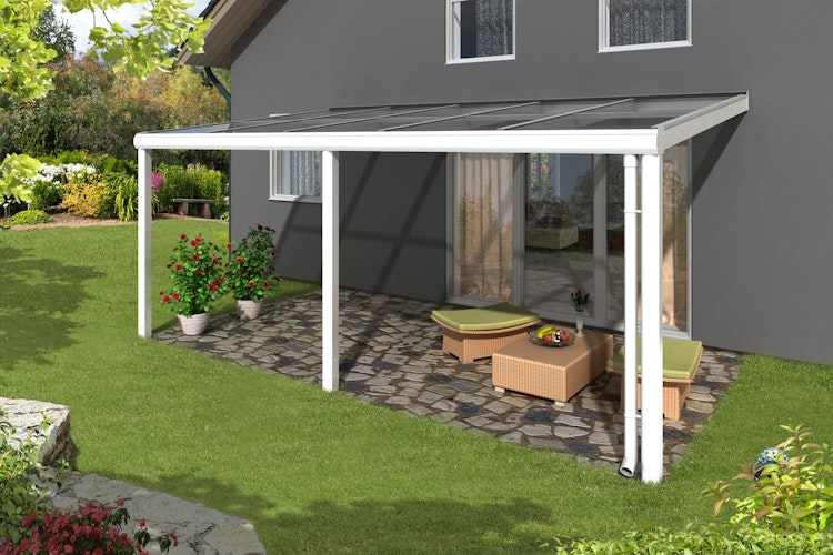 Skan Holz Aluminium Terrassenüberdachung Monza Breite 434 cm mit Echtglas-Dach