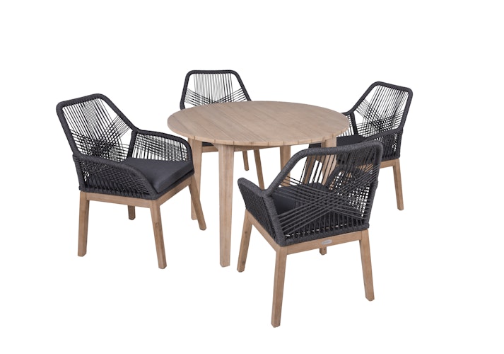 Garden Pleasure Gartenmöbel Set ARVADA / POMONA, Tisch Ø 110 + 4 Sessel, Akazie / Rope / Kissen 100 % Polyester