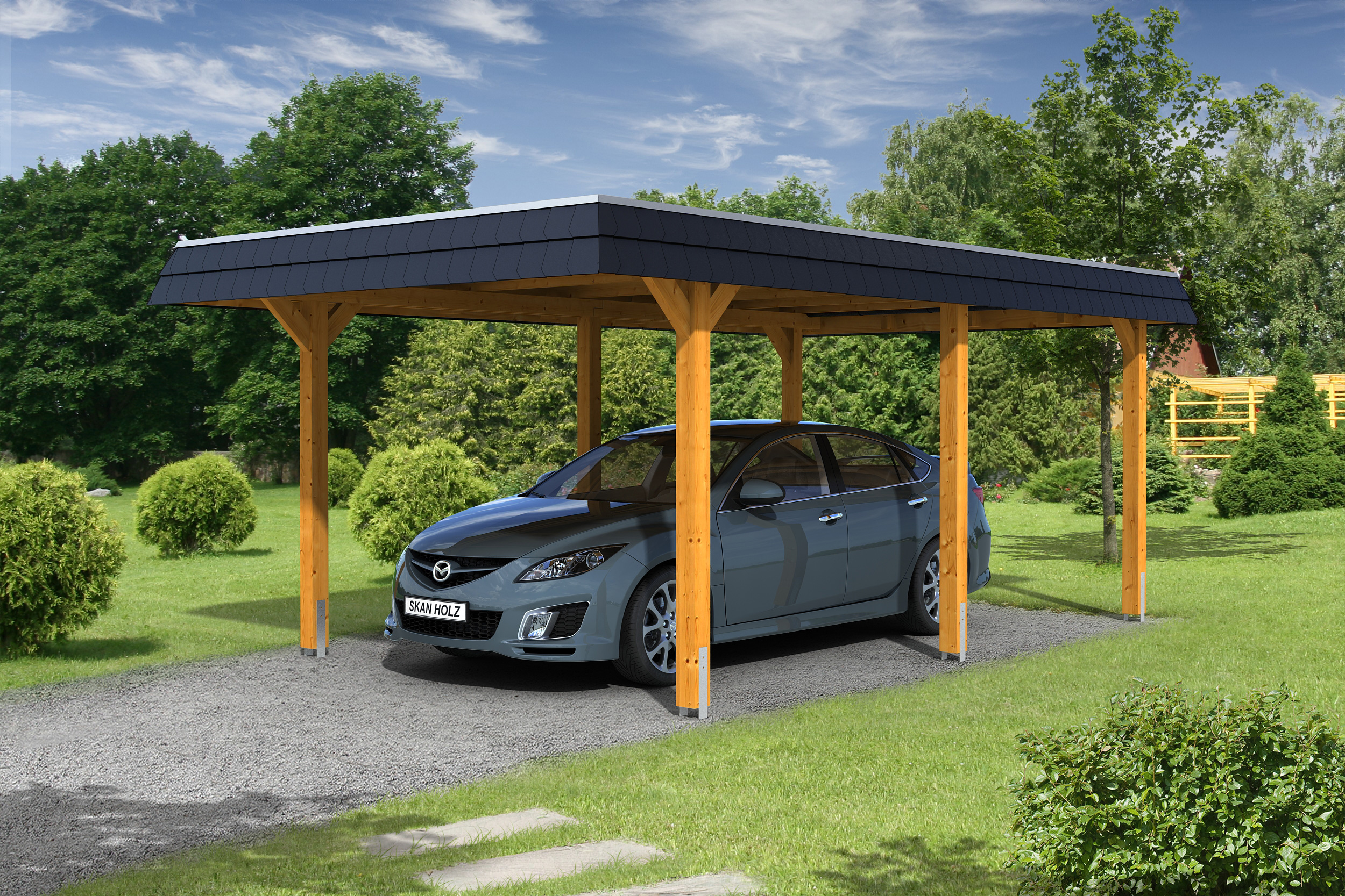 Skan Holz Walmdach Carport -362x628-Blende schwarz-eichehell Holzcarport