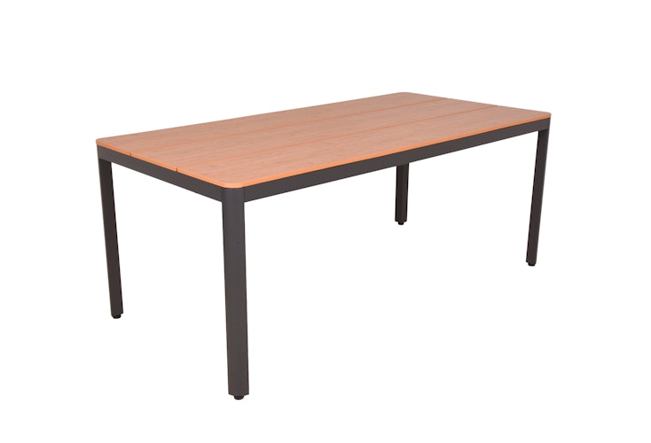 Garden Pleasure Gartenmöbel Set BARLETTA, Tisch 180 x 91 + 4 Stapelsessel, Alu Anthrazit / Nonwood Holz-Optik / Kissen 100 % Polyester