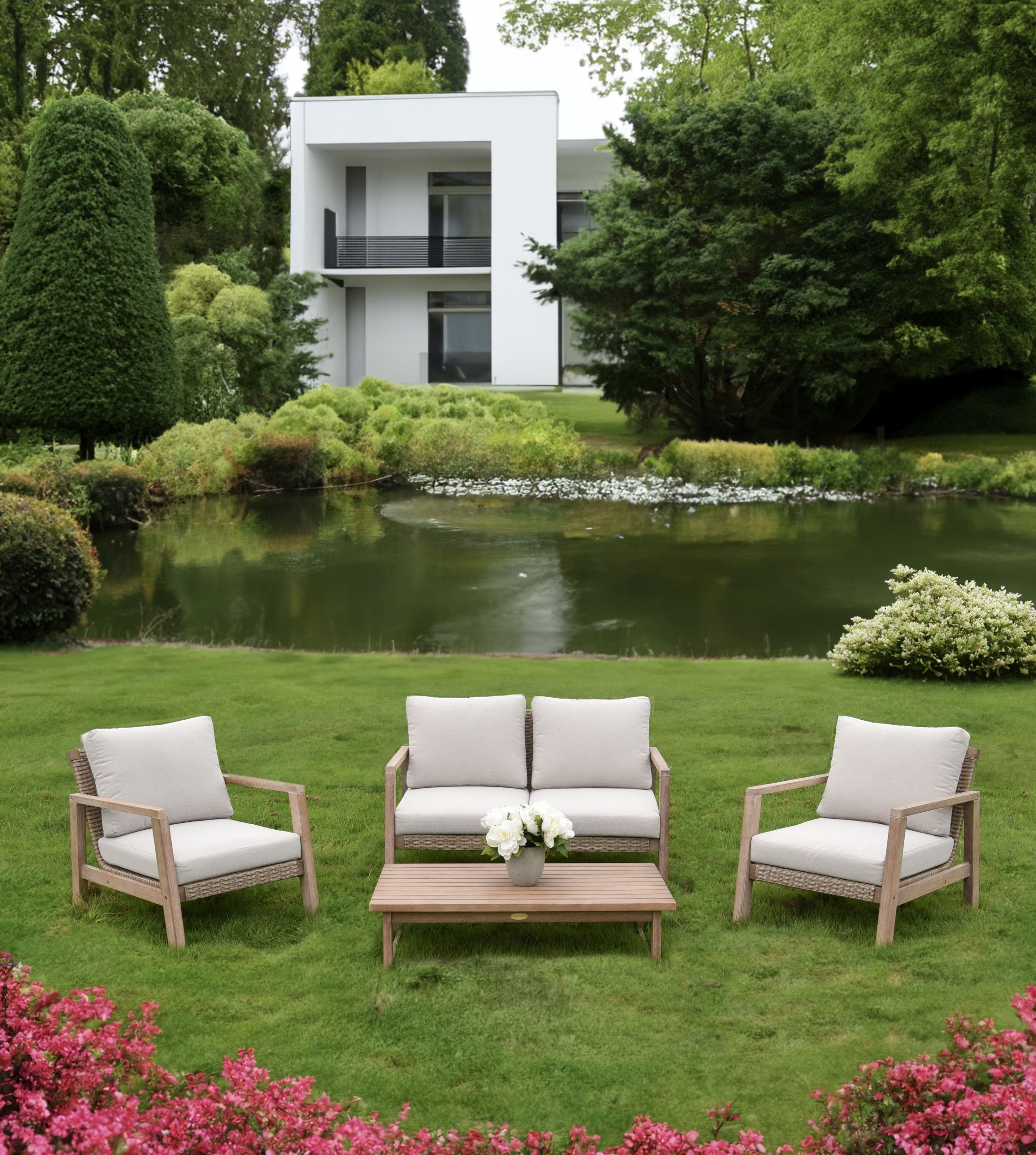 Garden Pleasure Lounge-Set SAN MATEO, Eukalyptus / Polyrattan / Kissen 100 % Polyester Beige