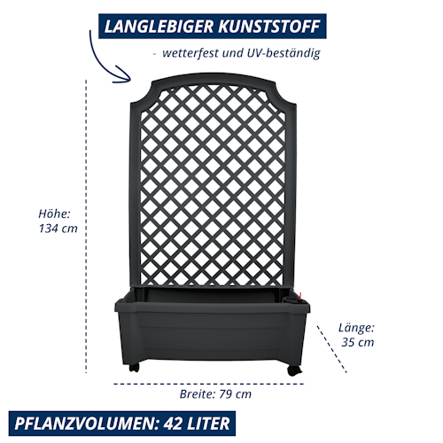 KHW Calypso Pflanzkasten auf Rollen mit Bewässerungssystem + Spalier