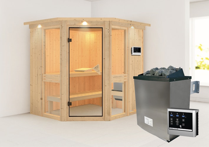 Karibu Amelia 1 - Sauna mit Eckeinstieg 68 mm inkl. gratis 9 kW Bio-Saunaofen im Wert von 719 €