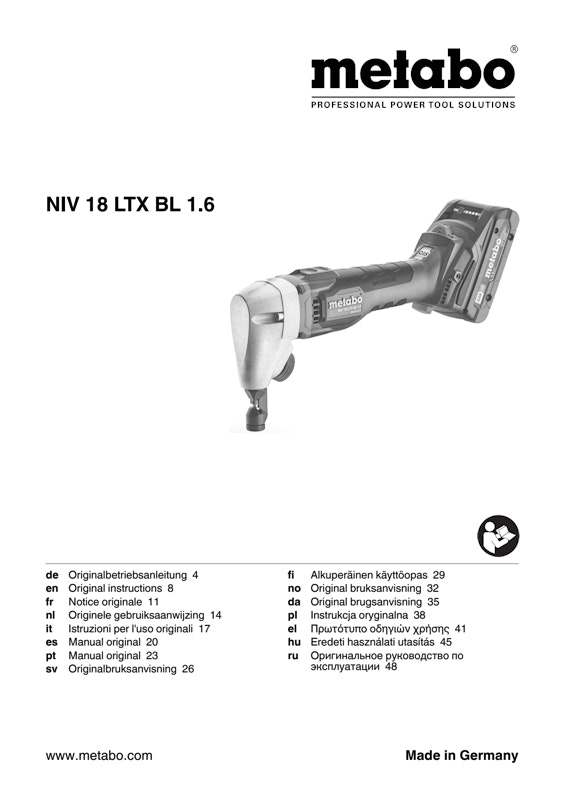 Bedienungsanleitung fÃ¼r Metabo Akku-Nibbler NIV 18 LTX BL 1.6