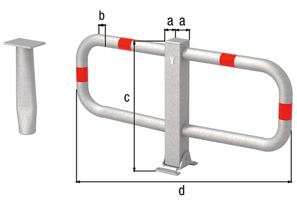 Alberts® Parkplatzbügel Stoppy I umlegb.,Dreik.,fvz.,4 rote Ringe,z.Einb.,B950mm 770051