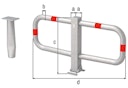 Vorschaubild Alberts® Parkplatzbügel Stoppy I umlegb.,Dreik.,fvz.,4 rote Ringe,z.Einb.,B950mm 770051