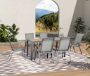 Vorschaubild Garden Pleasure Gartenmöbel Set PALENA, Tisch 150 x 80 cm + 6 Stapelsessel, Stahl Grau / Nonwood Holz-Optik / Kunststoffgewebe