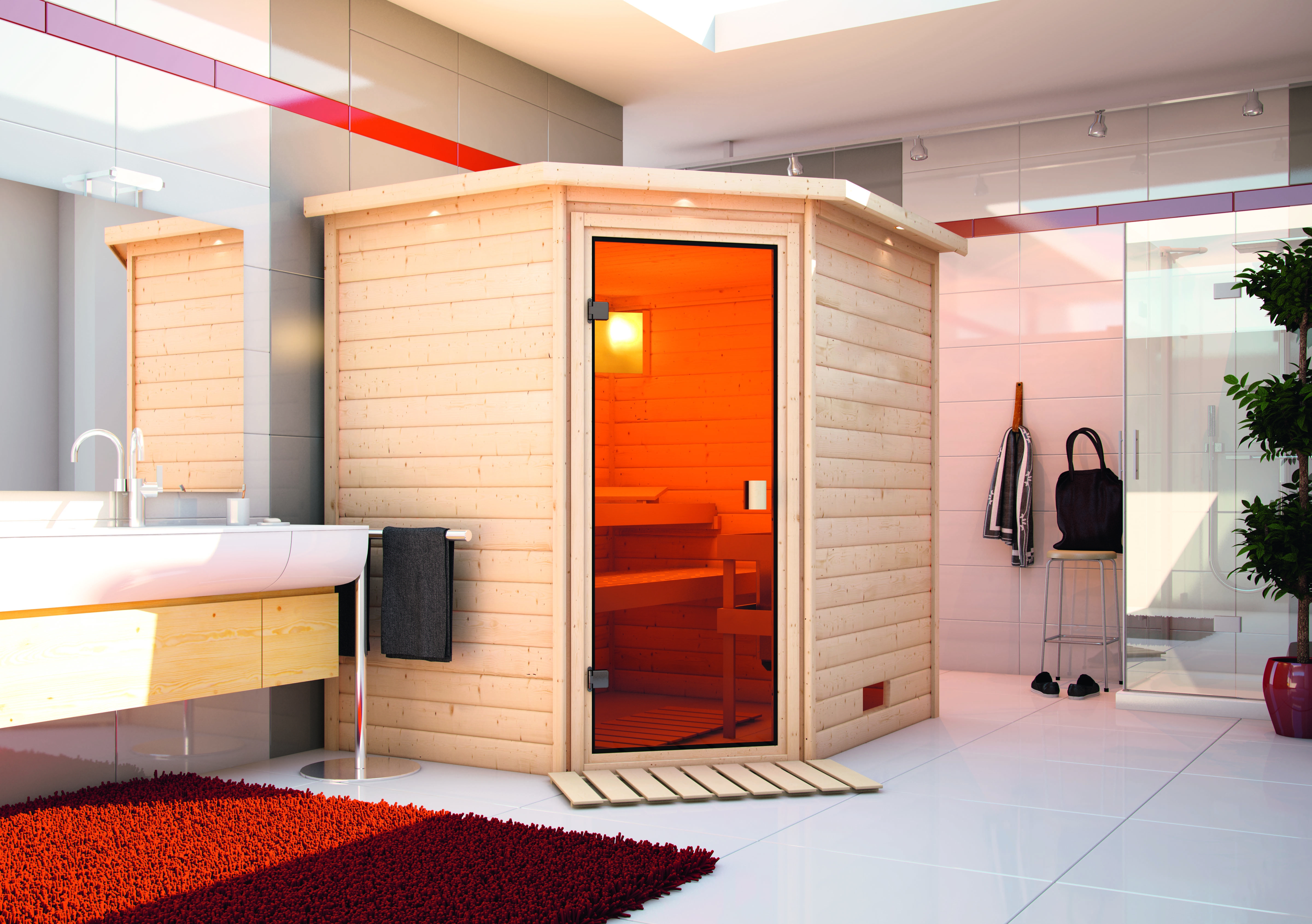 Karibu Woodfeeling Sauna Mia - 38 mm Massivholz Aktionssauna inkl. gratis Sauna-Zubehörset im Wert von 234,94 €