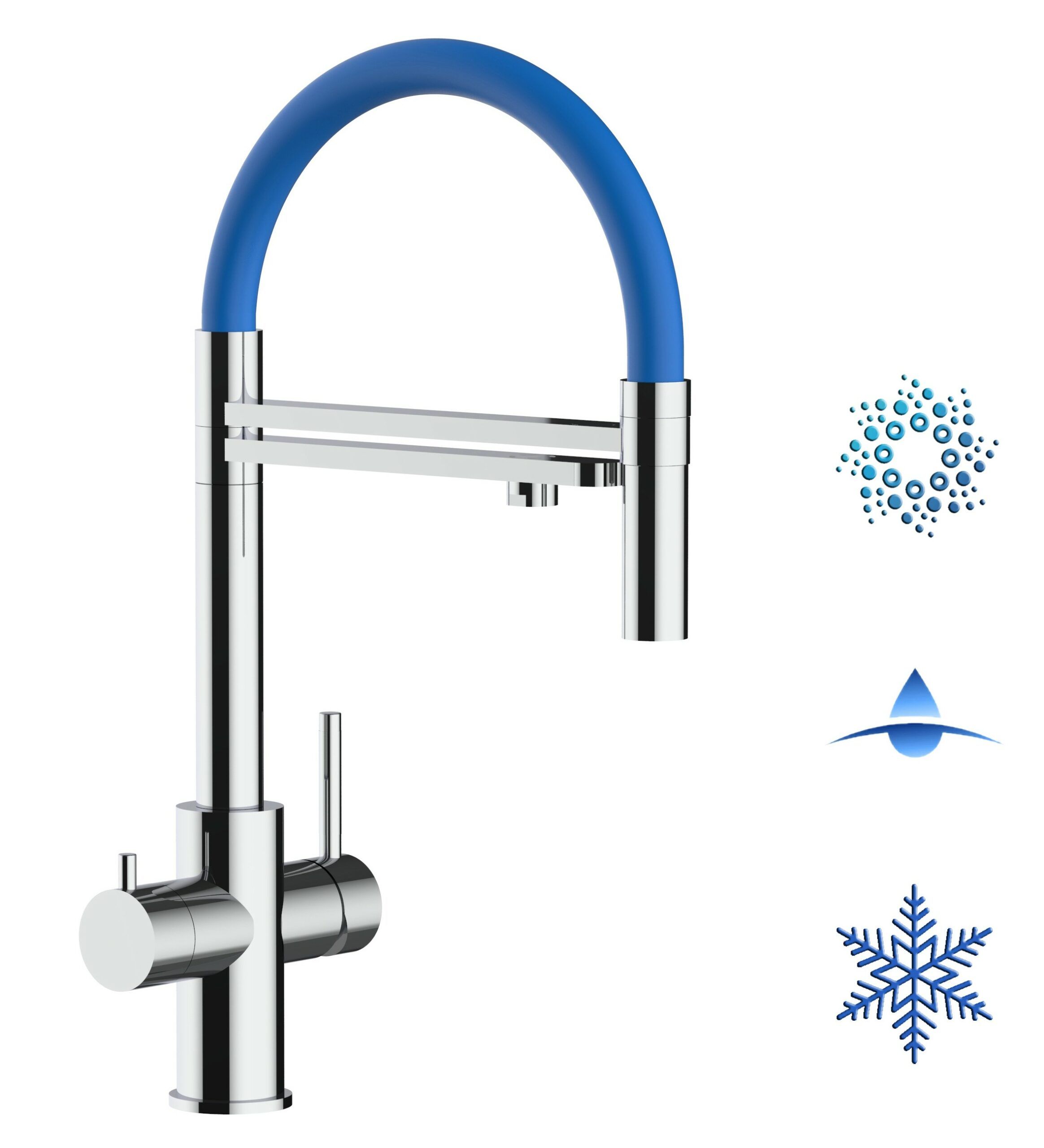 Kurzversion 47 cm - 5 Wege Wasserhahn Küchenarmatur, Edelstahl Massiv mit 360° schwenkbarem Auslauf, abnehmbare 2 strahl Handbrause, Hochglanz / Blau