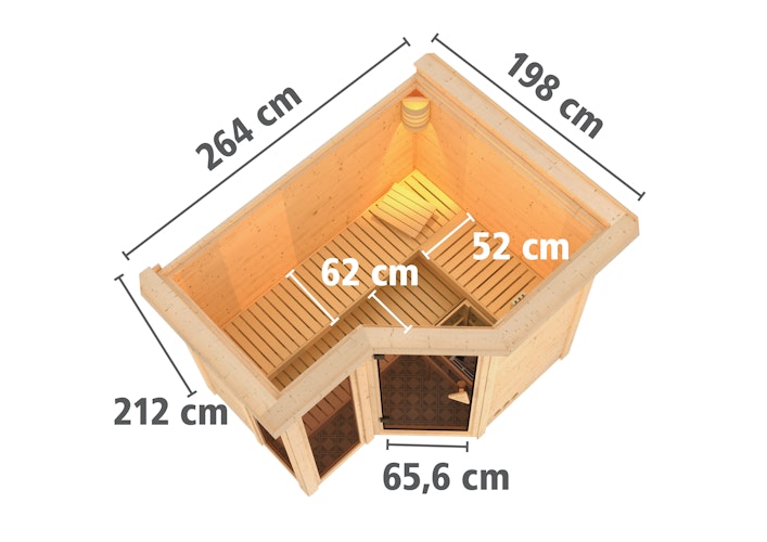 Karibu Sauna Amara-Massivholzsauna 38 mm -Eckeinstieg - Exklusivoptik inkl. gratis Sauna-Zubehörset im Wert von 234,94 €