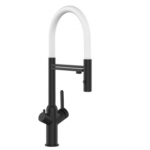 3 Wege Wasserhahn Küchenarmatur, BOD, mit 360° schwenkbarem Auslauf, abnehmbare 2 strahl Handbrause, Schwarz Matt / Weiß