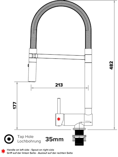 Wasserhahn Vorfenster Küchenarmatur, Umklappbar 6 CM, LINKER HEBEL, mit 360° schwenkbarem Auslauf abnehmbare 2 strahl Handbrause, Verchromt / Gelb