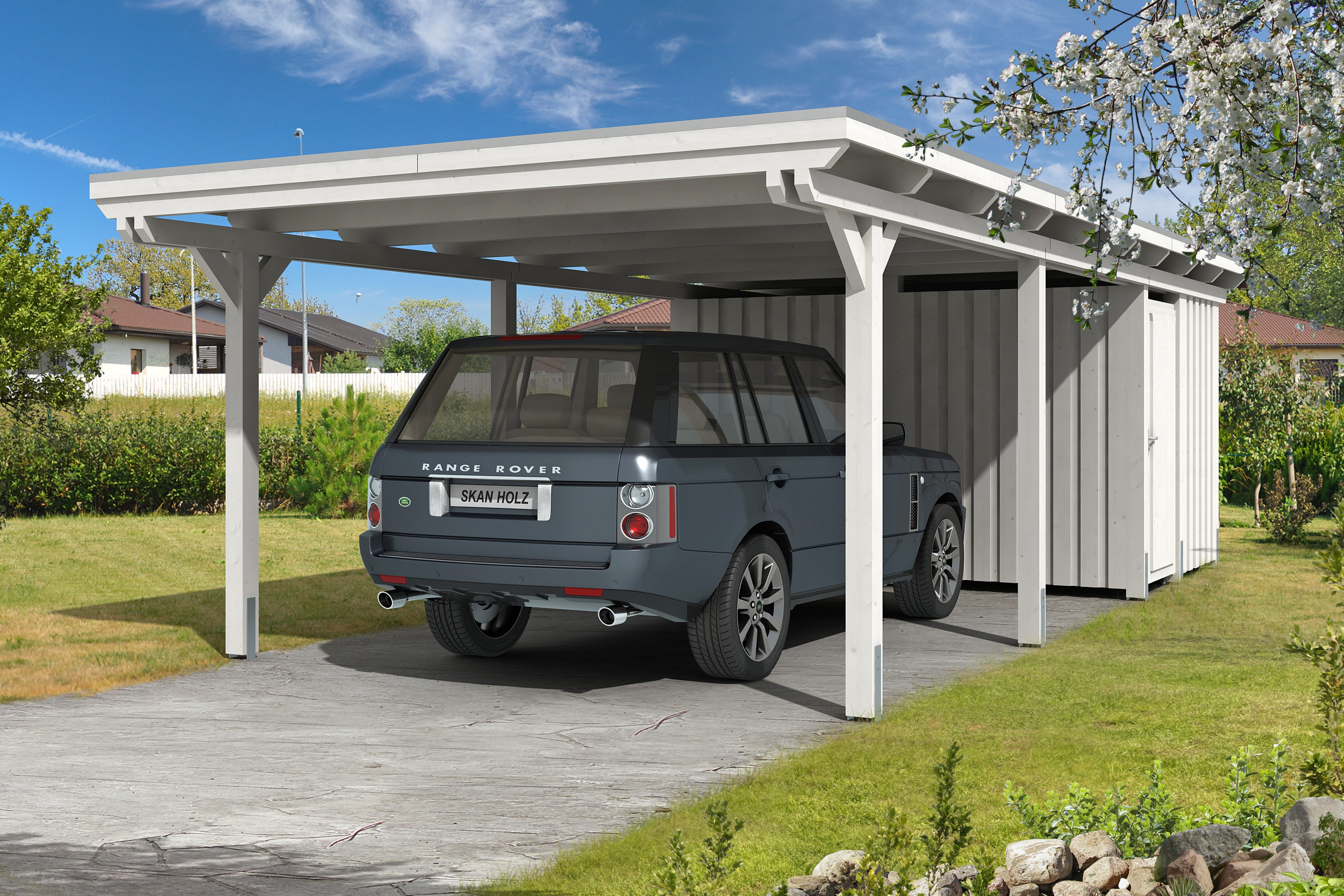 Carport Emsland 404x846cm mit Abstellraum, weiß, 20mm Dachschalung mit EPDM Folie Holzcarport