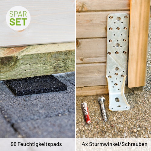 Zubehörset für Gartenhäuser bestehend aus 96 Feuchtigkeitspads und 4 Sturmwinkeln inkl. Befestigungsmaterial