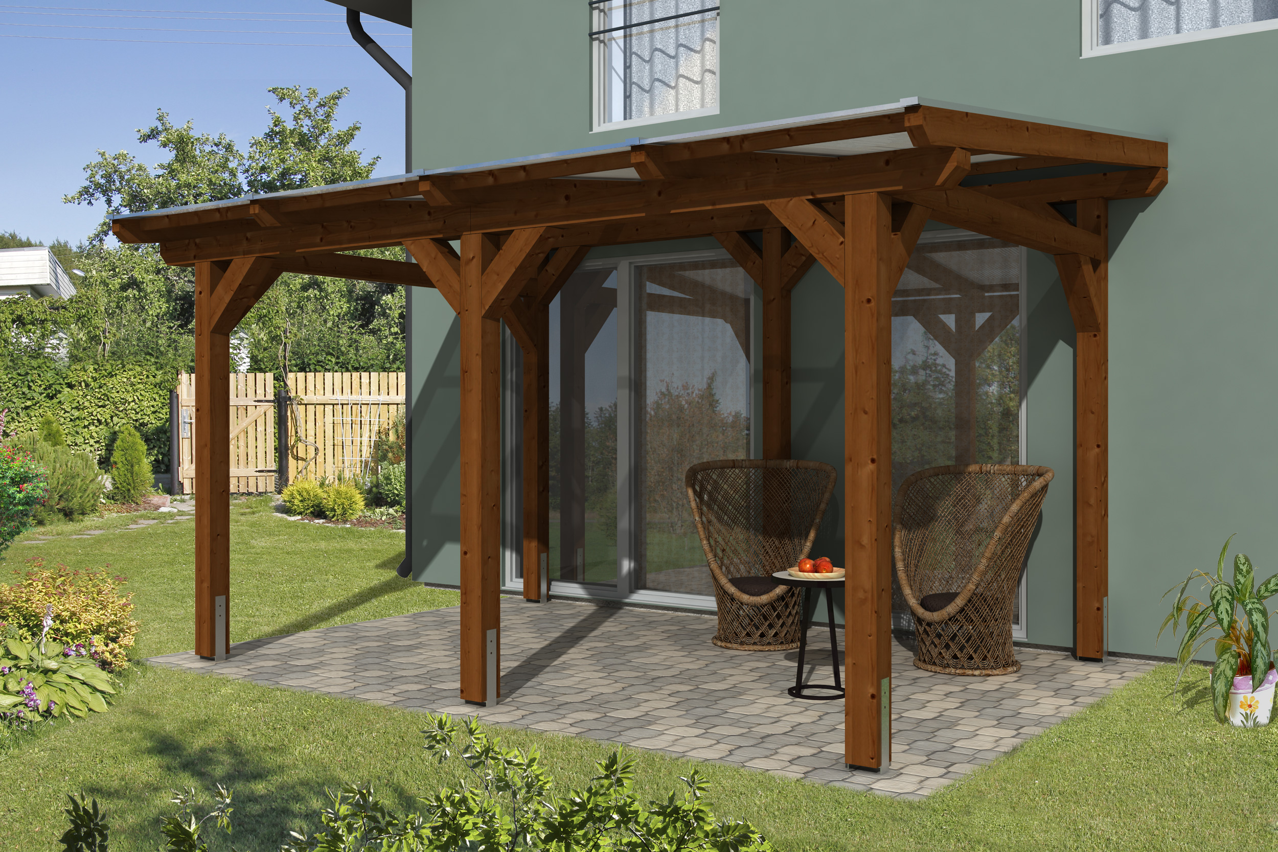 Skan Holz freistehende Terrassenüberdachung Siena 434x250 nussbaum