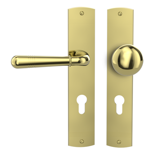 Griffwerk FABIO -Messing Optik Langschild-Garnitur -sichtbar verschraubt -Knopf R21 -WL -TS 40-45mm