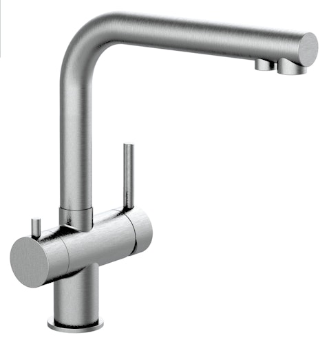 NIEDERDRUCK 3 Wege Wasserhahn Küchenarmatur, Edelstahl Massiv, 360° schwenkbarem L-Auslauf, Gebürstet
