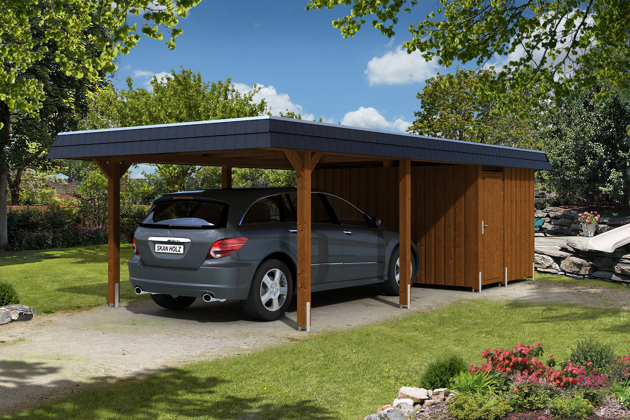 Skan Holz Walmdach Carport 409cm mit Aufbau inkl. Abstellraum nussbaum Holzcarport