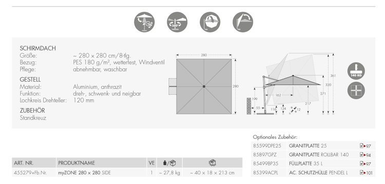 doppler Pendelschirm myZONE 280 x 280, Aluminium Anthrazit / 100 % Polyester 180 g/m²