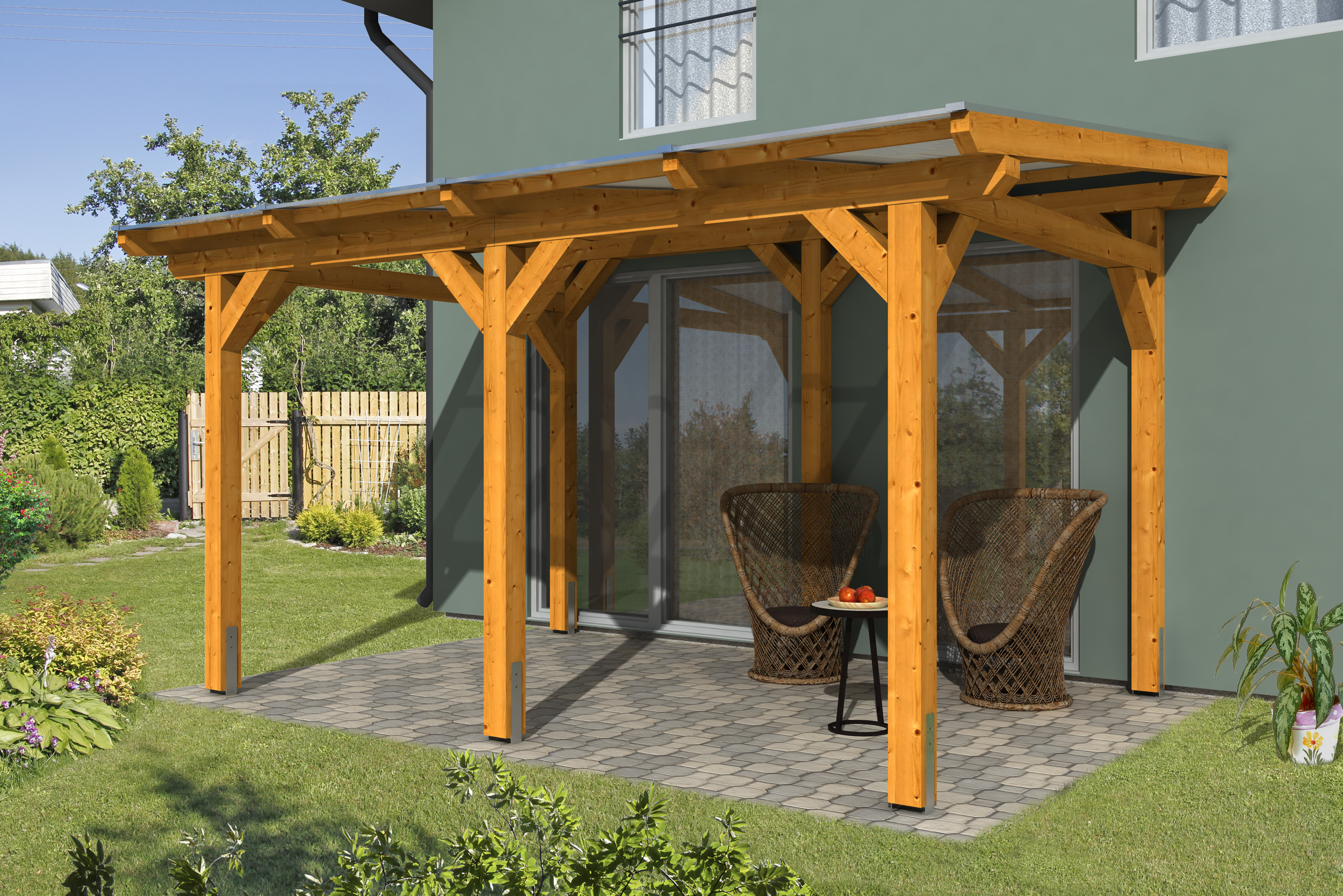 Skan Holz freistehende Terrassenüberdachung Siena 434x300 eiche