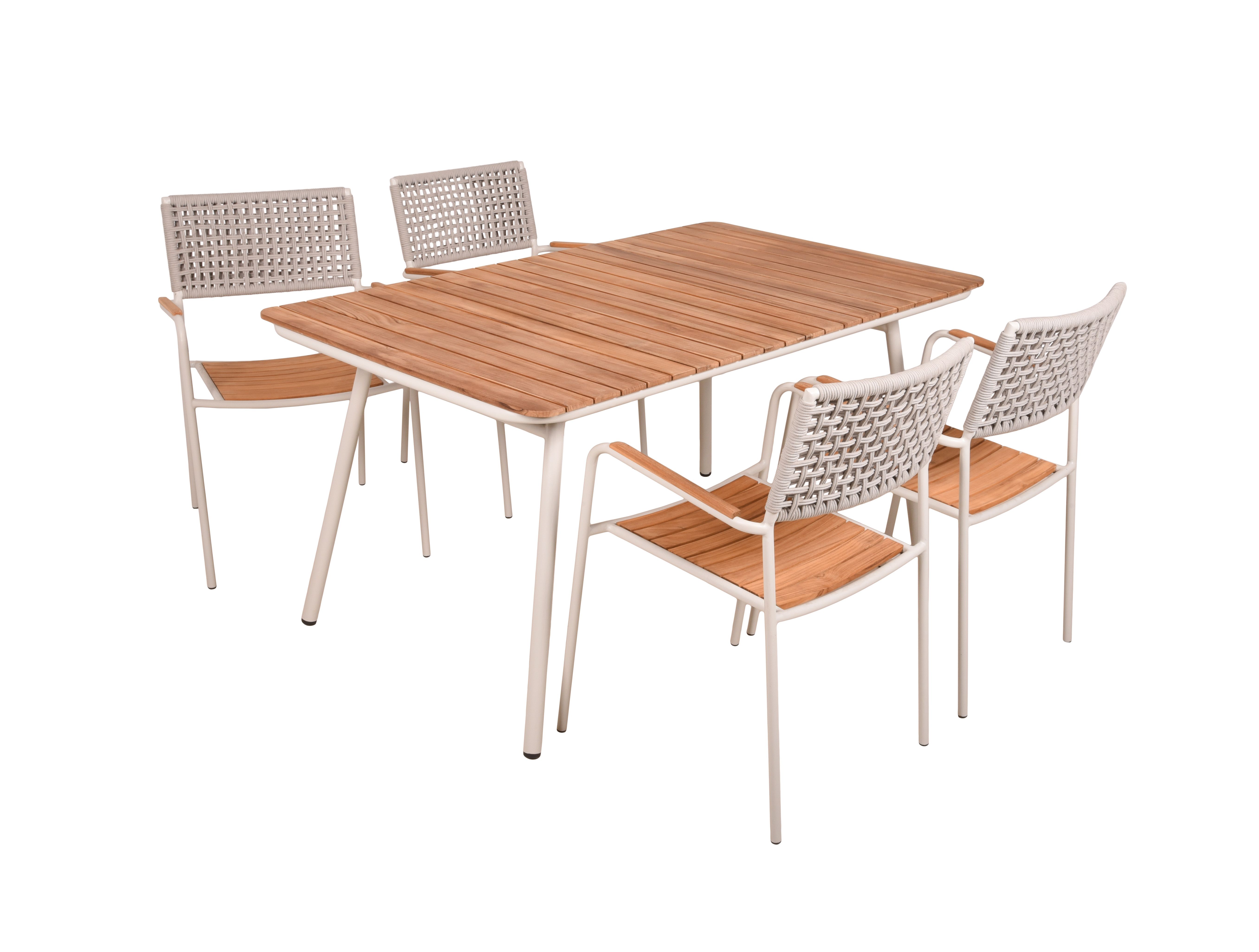 Garden Pleasure Gartenmöbel Set CARMEL, Tisch 150 x 90 + 4 Stapelsessel, Stahl Weiß / Teak / Rope