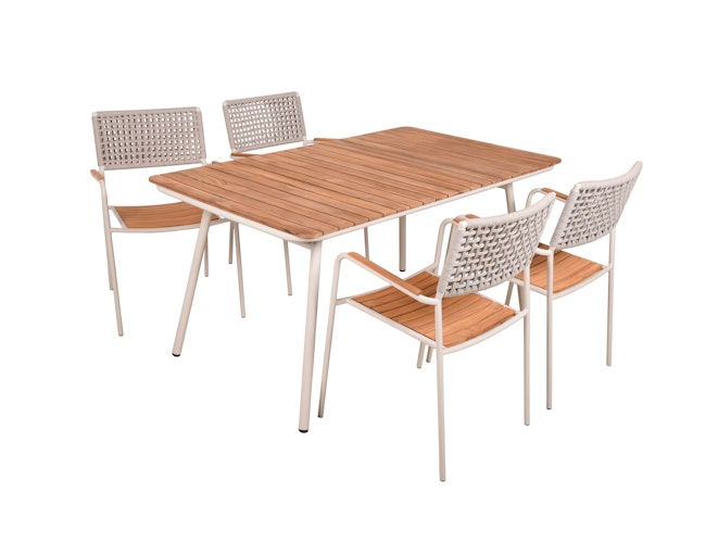 Garden Pleasure Gartenmöbel Set CARMEL, Tisch 150 x 90 + 4 Stapelsessel, Stahl Weiß / Teak / Rope