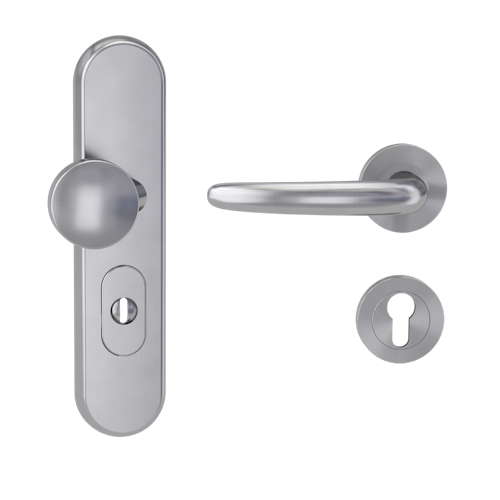 Griffwerk TITANO Kombi SB_882 ES1 (S2) -Edelstahl matt Kombi-Schutzbeschlag -Knopf/Drücker -mit Griff DESM ULMER GRIFF PROF-EM-rund -L-ZA,72mm -TS 38-50