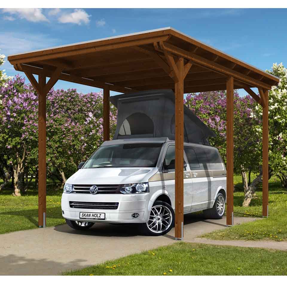 Skan Holz Caravan-Carport Emsland 404x604 cm mit erhöhter Einfahrt-nussbaum Holzcarport