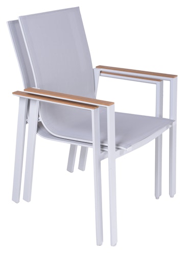 Garden Pleasure Gartenmöbel Set VENICE 01, Tisch 200 x 100 + 4 Stapelssessel, Alu Weiß / Nonwood Teak-Optik / Kunststoffgewebe Hellgrau