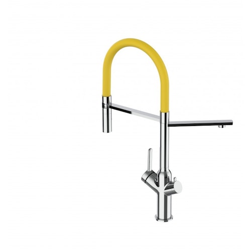 3 Wege Wasserhahn Küchenarmatur, BOD, mit 360° schwenkbarem Auslauf, abnehmbare 2 strahl Handbrause, Verchromt / Gelb