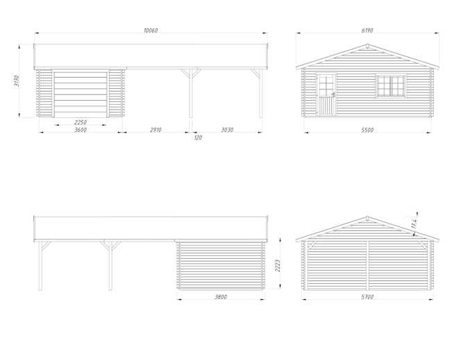 Palmako Garage Roger 19,0 + 33,2 m² - 44 mm - mit Sektionaltor