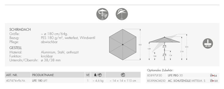 doppler Mittelmastschirm LIFE 180 Lift, Aluminium Anthrazit / 100 % Polyester 180 g/m²