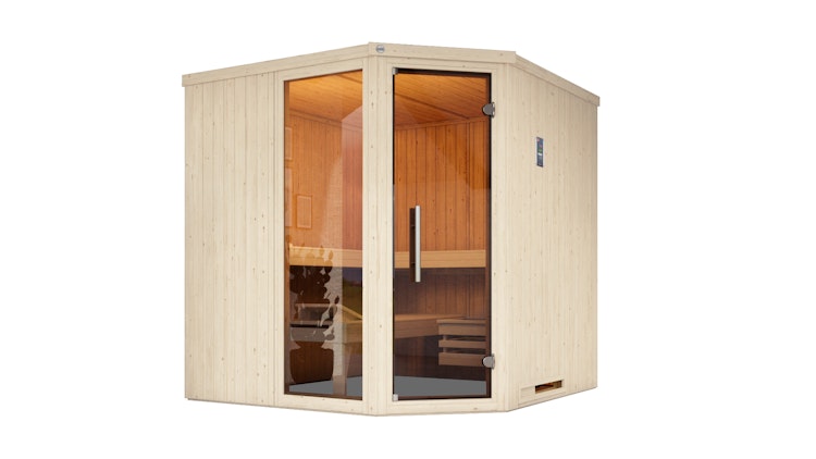 Weka Elementsauna Varberg 3 Trend Familiensauna mit Eckeinstieg & weiß lasierten Fronten - 68 mm