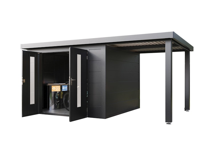 Wolff Finnhaus Premium Metall Gartenhaus Elvar 5424 Anthrazit inkl. 240 cm Anbaudach