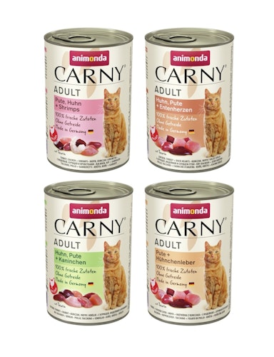 animonda Carny Adult 24 x 400g Mixpaket (Huhn&Shrimps,Huhn&Ente,Huhn&Kaninchen,Pute&Huhn) Katzennassfutter