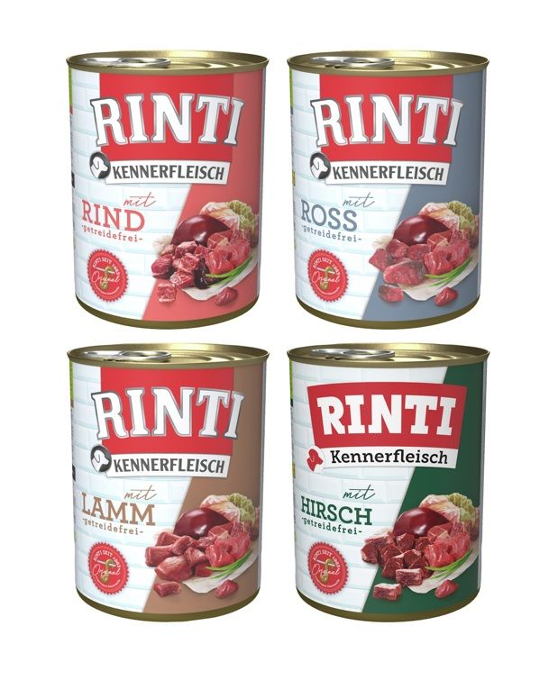 RINTI Kennerfleisch Dose 24 x 800g Mixpaket (Rind,Ross,Lamm,Hirsch) Hundenassfutter