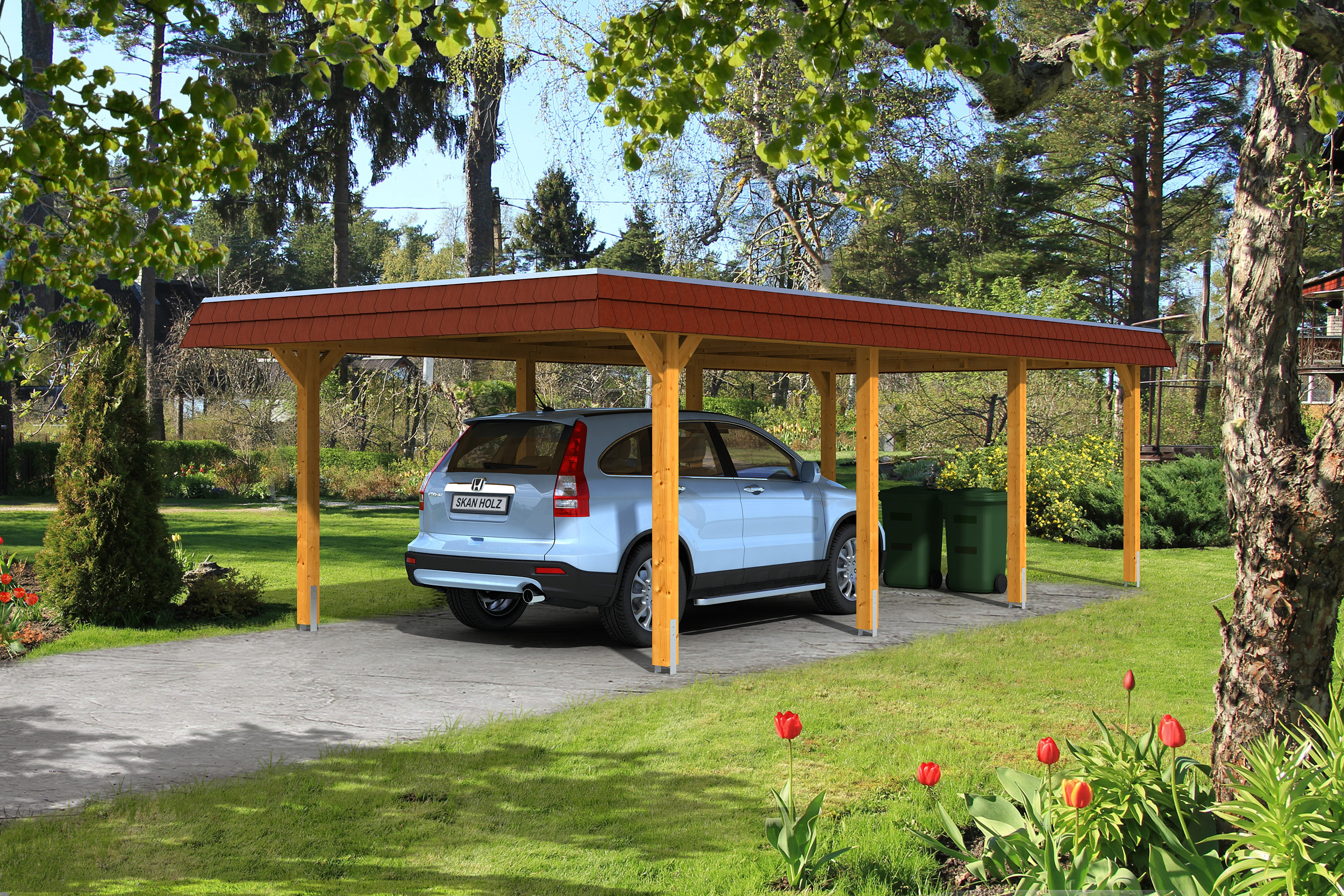 Skan Holz Walmdach Carport 409cm rote Blende Gr 2 eiche hell Holzcarport