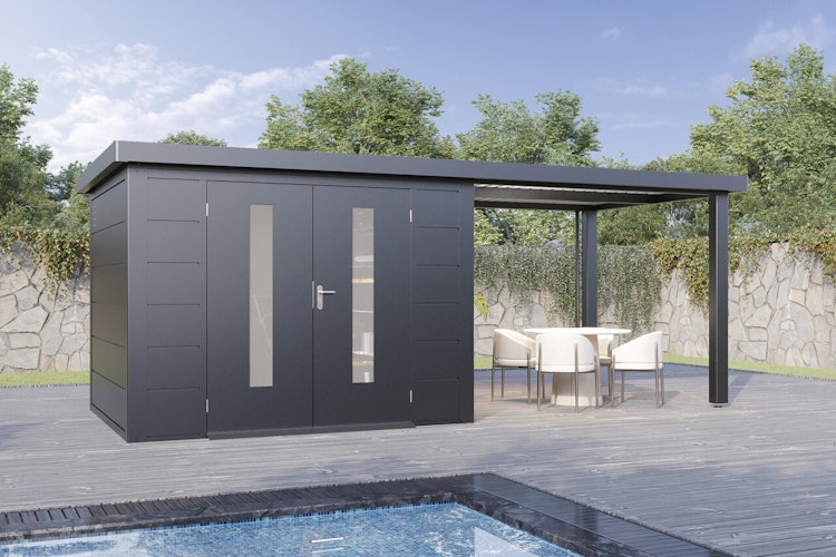 Wolff Finnhaus Premium Metall Gartenhaus Elvar 6024 Anthrazit inkl. 300 cm Anbaudach
