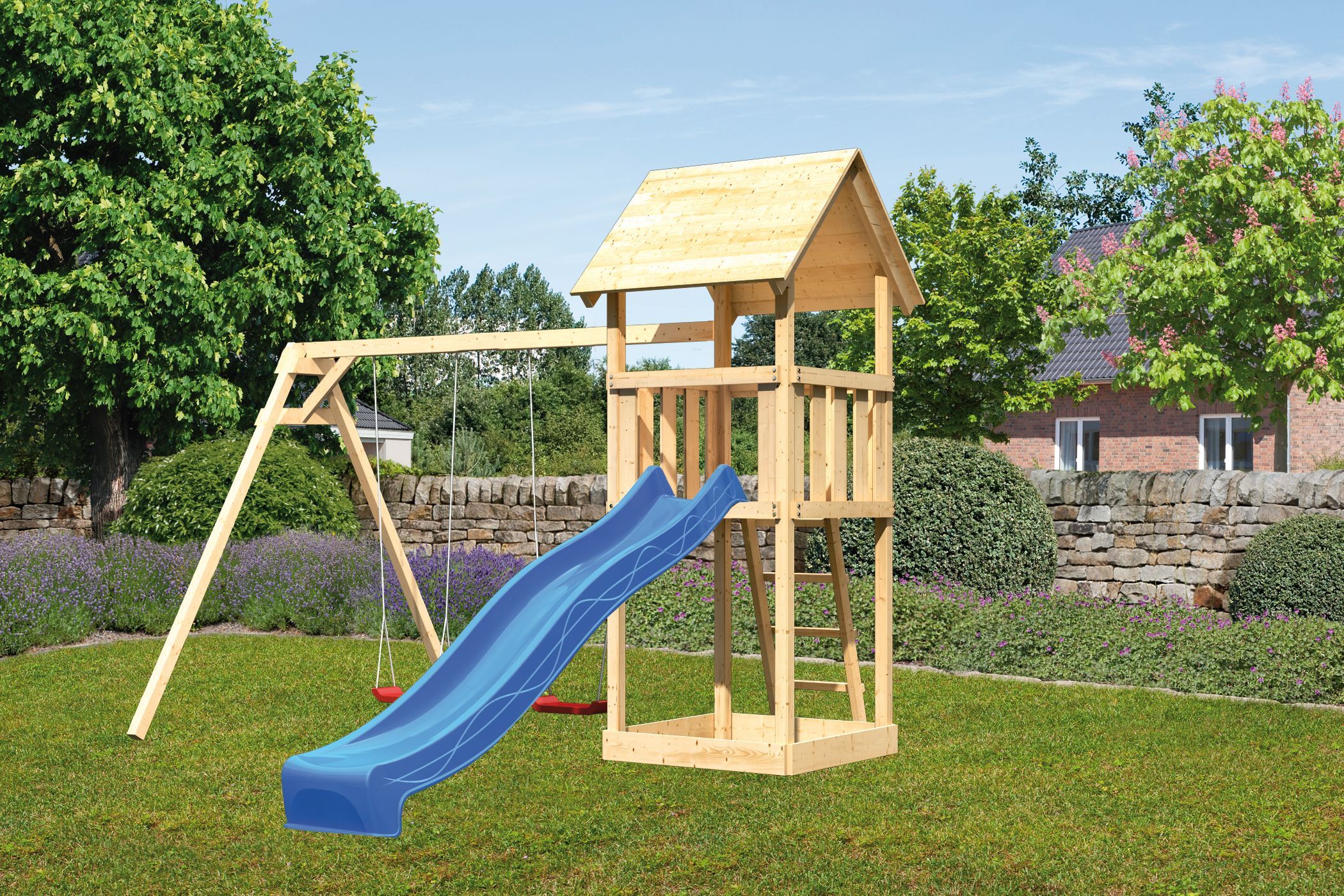 Akubi Kinderspielturm Lotti mit Satteldach inkl. Wellenrutsche und Doppelschaukelanbau (Set B)