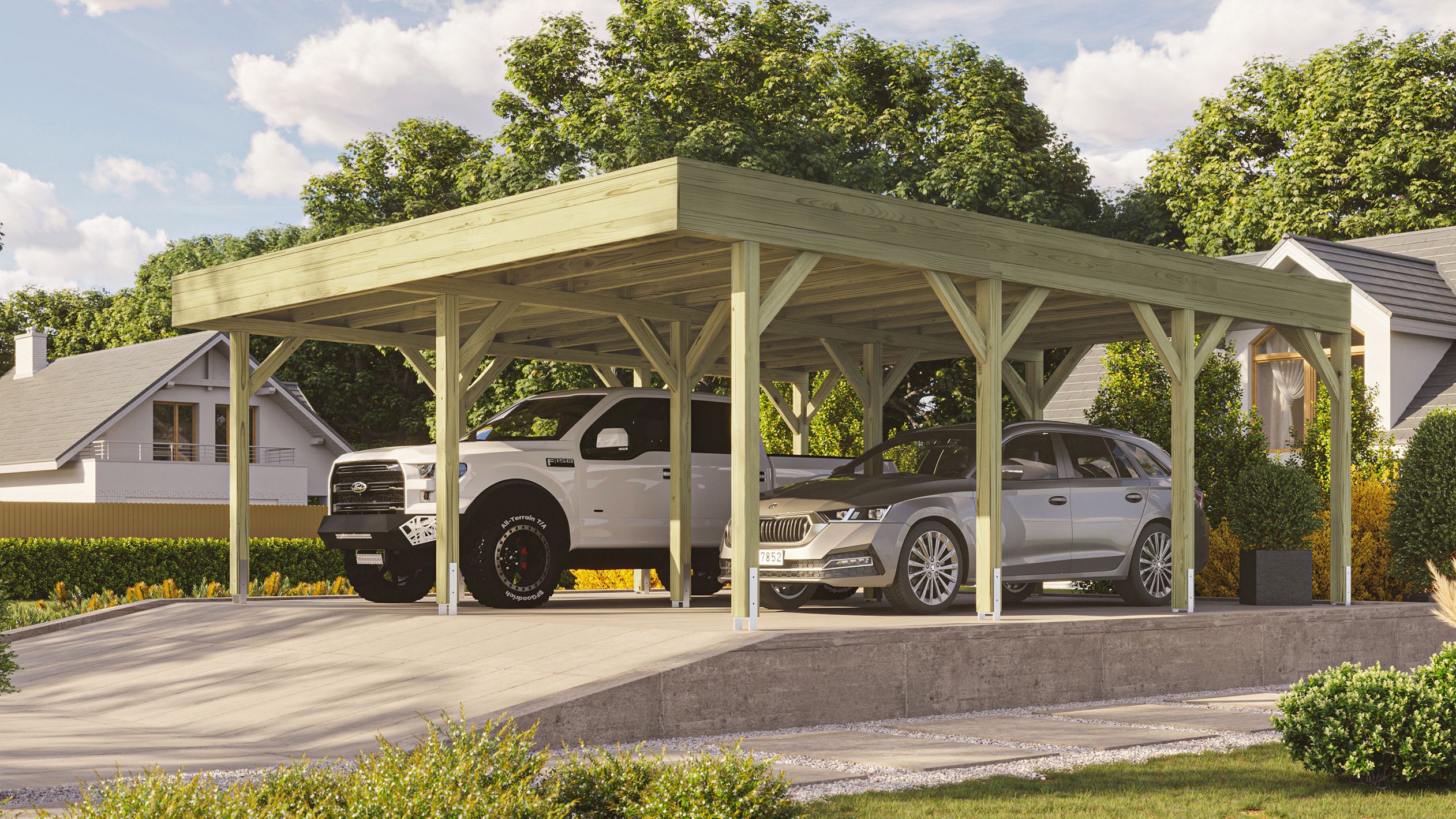 Weka Doppelcarport mit Vorbereitung zur Dachbegrünung 644 x 718 cm - kesseldruckimprägniert