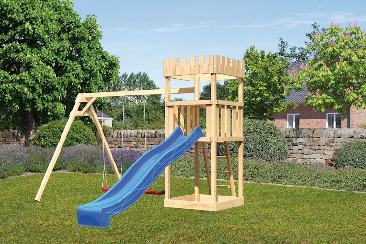 Akubi Kinderspielturm Ritterburg Löwenherz inkl. Wellenrutsche und Doppelschaukelanbau
