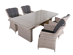 Garden Pleasure Gartenmöbel Set DIJON I, Tisch 200 x 100 + 4 Sessel, Polyrattan Sesamgrau / Glasplatte / Kissen 100 % Polyester Dunkelgrau