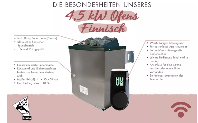 Karibu 4,5 kW Saunaofen finnisch anthrazit inkl. Huum WLAN Steuergerät mit App-Steuerung