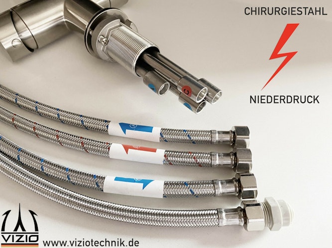 Kurzversion 45CM - NIEDERDRUCK 3 Wege Wasserhahn Küchenarmatur, Edelstahl Massiv mit 360° schwenkbarem Auslauf, abnehmbare 2 strahl Handbrause, Gebürstet / Grau