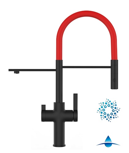 4 Wege Wasserhahn Küchenarmatur, FC, mit 360° schwenkbarem Auslauf, abnehmbare 2 strahl Handbrause, Schwarz Matt / Rot